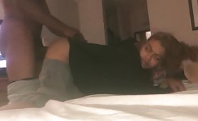 A black couple has wonderful and hot sex on the bed. The sex position is only doggy style with the lady on her knees while the guy pounds her hard.